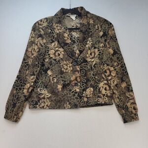 Kensington‎ Square Vintage Jacket Women Small Brown Floral Button Up Elastic Hem